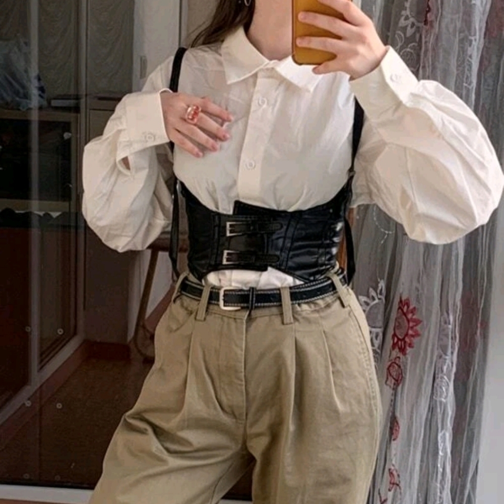 Black wide corset belt patent faux leather harness suspenders steampunk waist - Picture 14 of 16